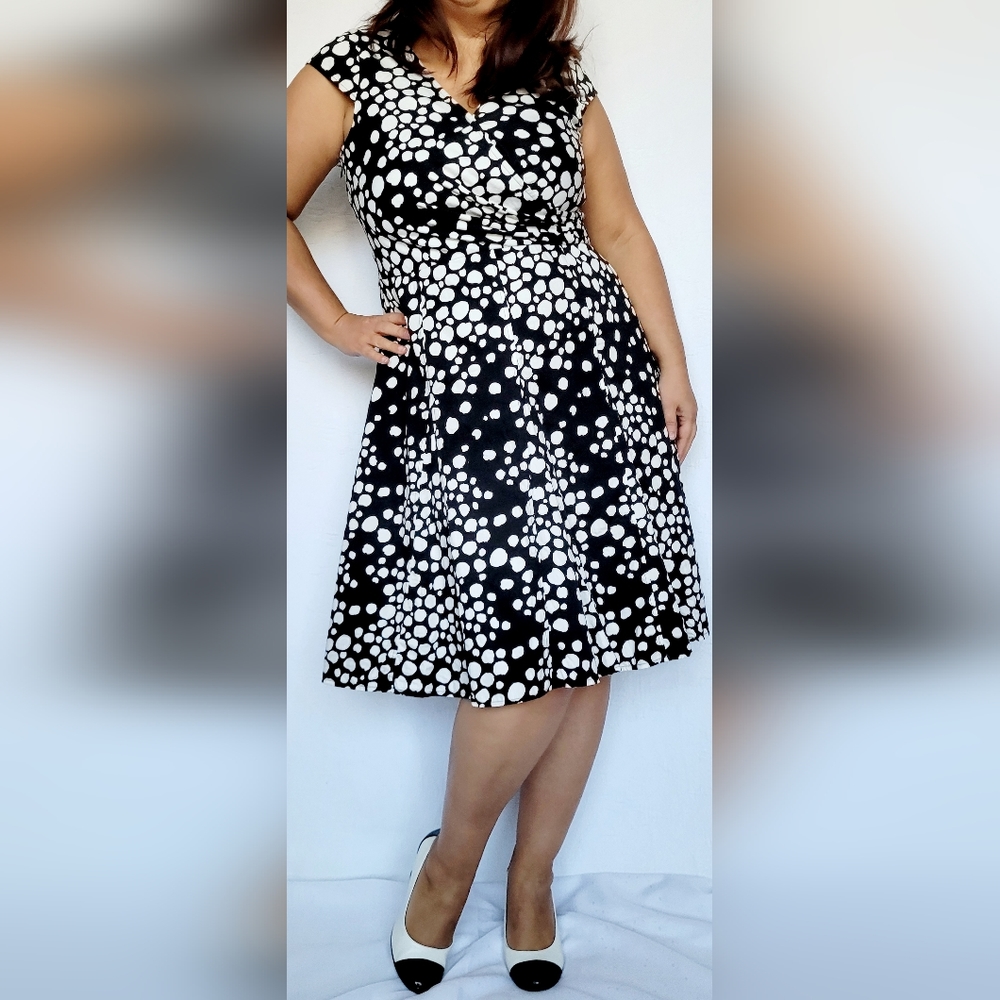 Evan Picone Women's 100% Cotton Midi Dress Polka Dot Black&White Large